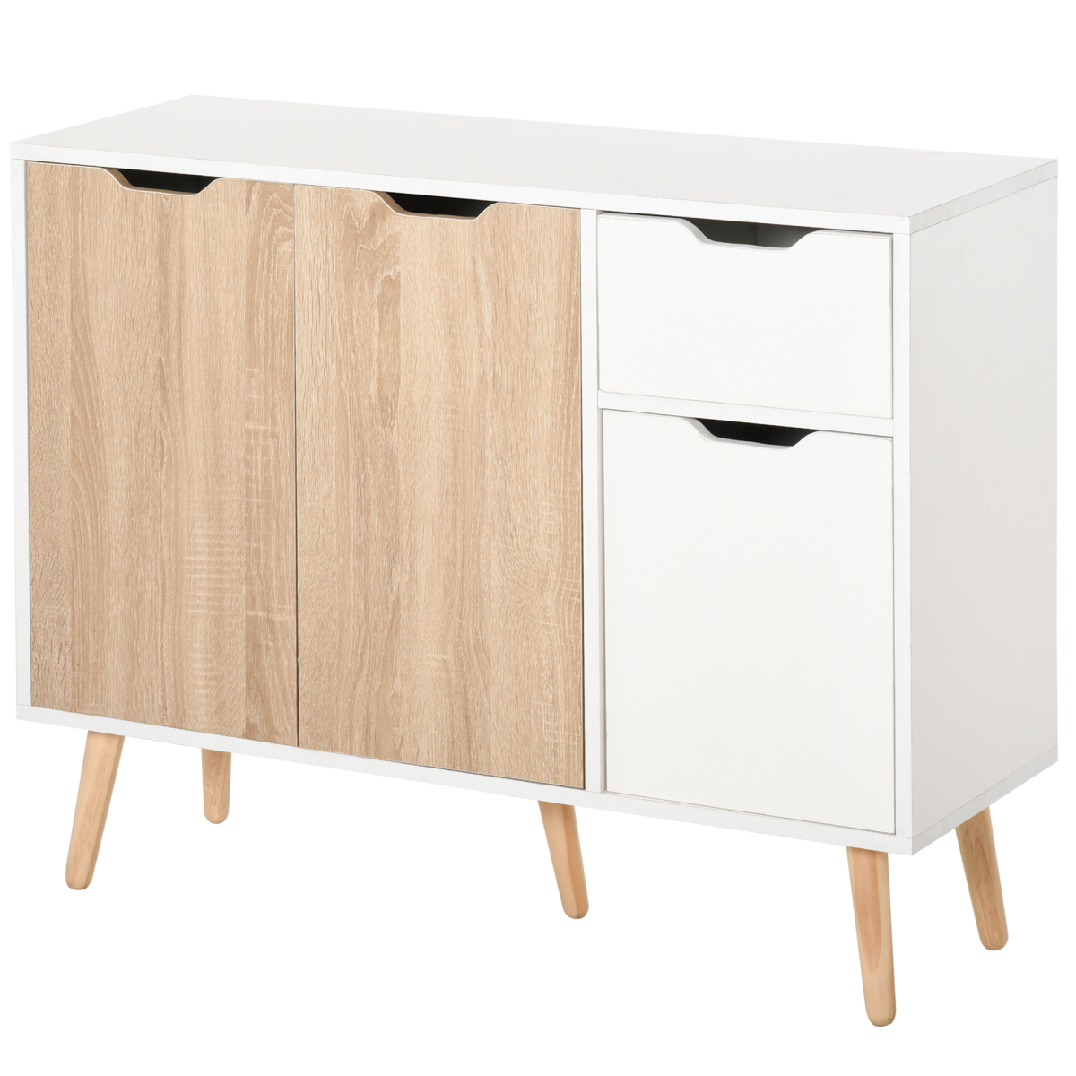 Modern Scandinavian Storage Cabinet Sideboard with Drawer, 4-Part Storage, Wood Legs, Bedroom, Living Room, Home Office