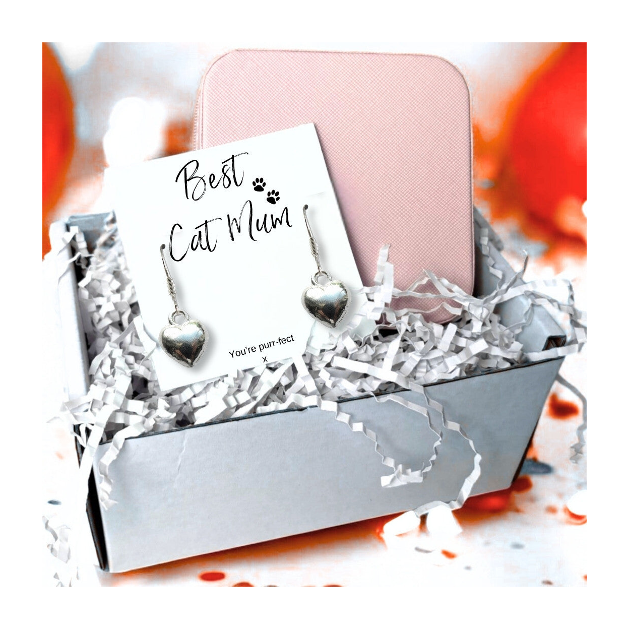 Best Cat Mum Silver Heart Earrings Gift with Pink Jewellery Box