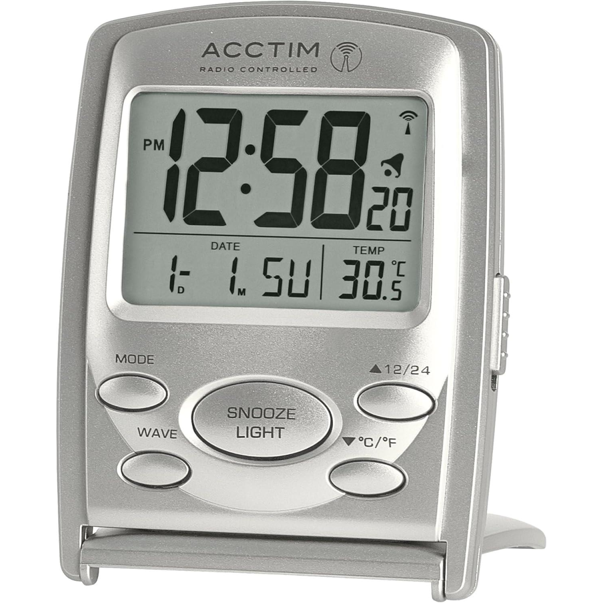Acctim Vista Radio Controlled Digital Travel Alarm Clock with Temperature, Day and Date