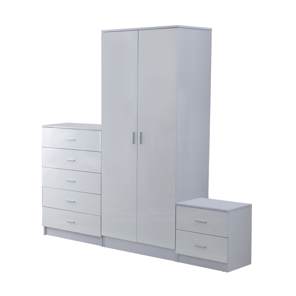 HOMCOM White High Gloss 3-Piece Bedroom Furniture Set with 2-Door Wardrobe, 5-Drawer Chest and 2-Drawer Bedside Table