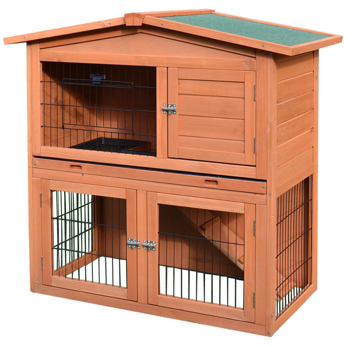 PawHut A-Frame Wooden Rabbit Hutch, 2-Storey Small Animal House with Large Run Area, Removable Divider, Ramp, and Slide-Out Tray