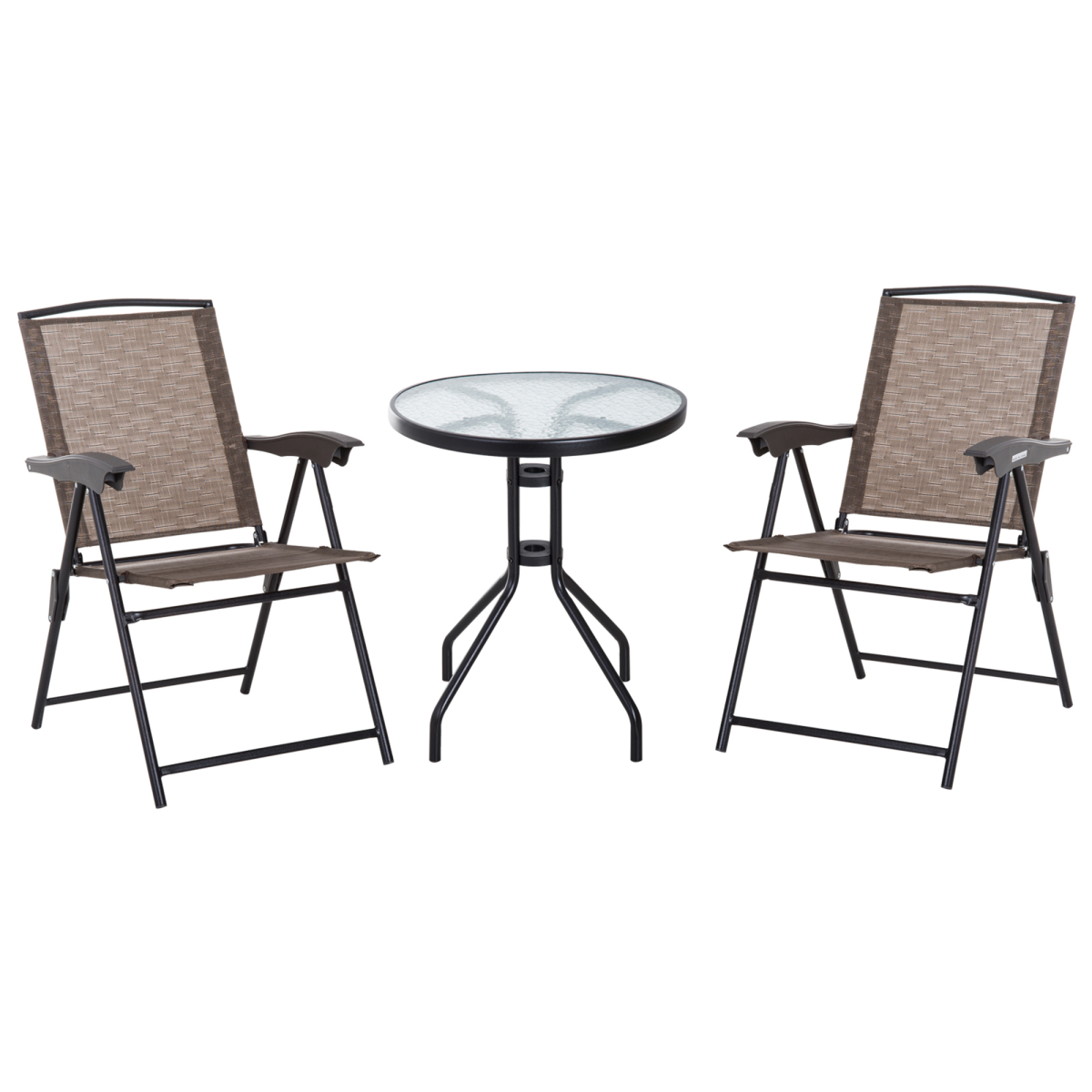 3-Piece Patio Bistro Set with Folding Chairs, Tempered Glass Table, Brown