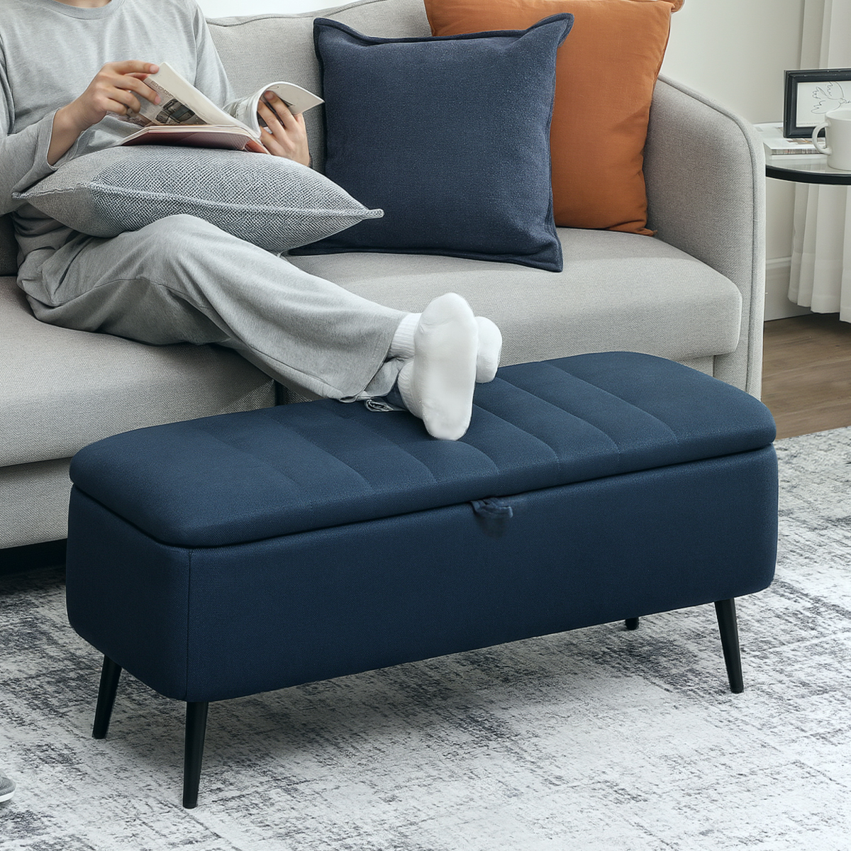 Dark Blue Storage Ottoman with Hidden Storage and Padded Seat
