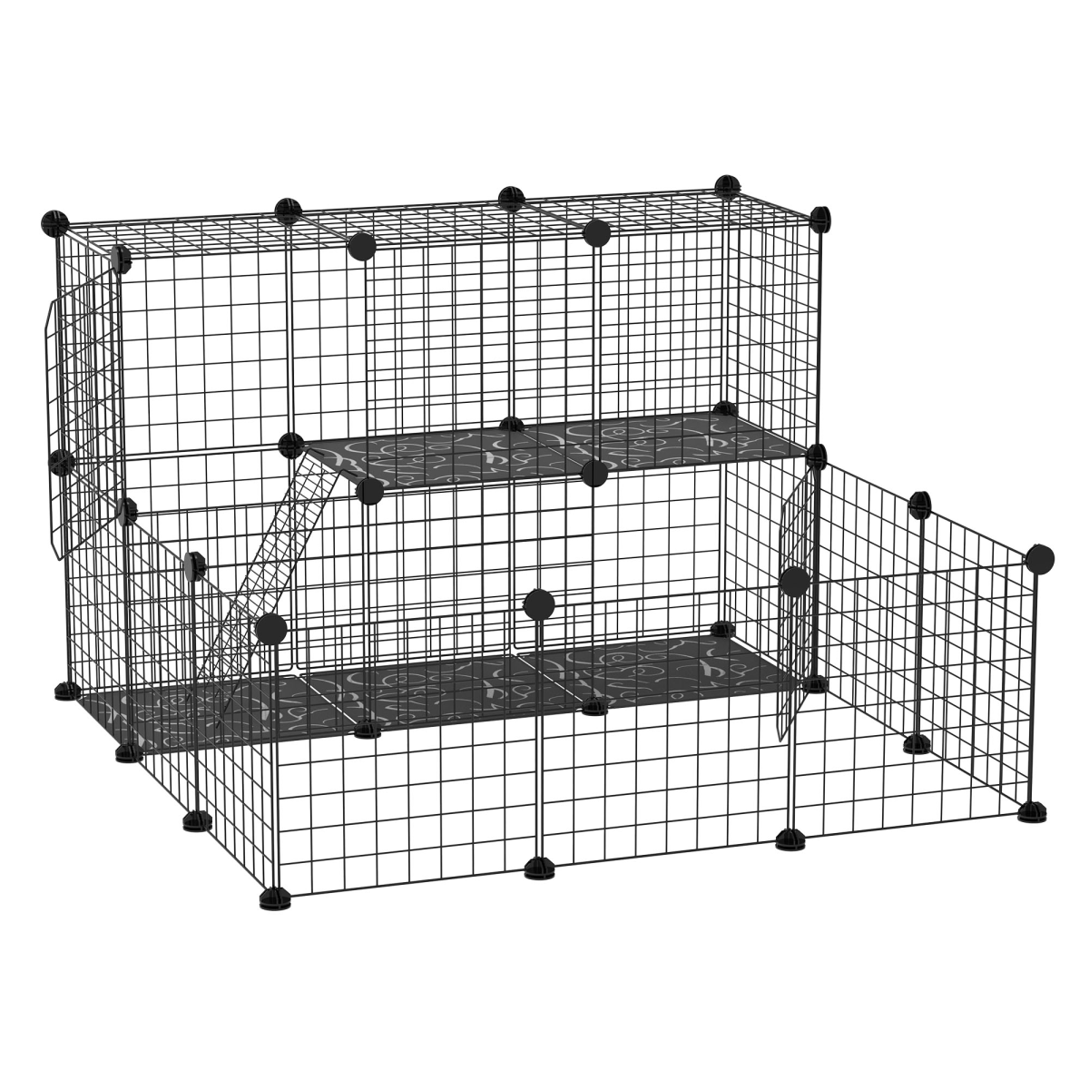 PawHut DIY Small Animal Playpen with 24 Wire Panels, 2 Door Panels, 5 Resin Panels, Ladder, Black