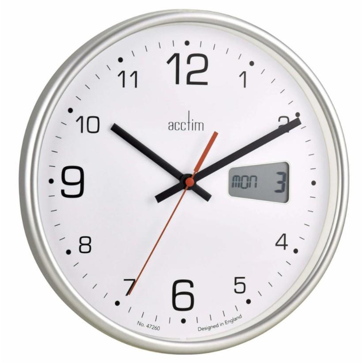 Acctim Kalendar Silver 270mm Wall Clock with Digital Date and Day Display