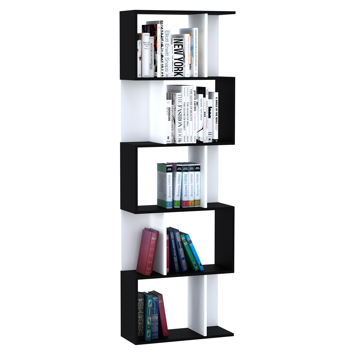 HOMCOM 5-Tier S-Shaped Bookcase Shelf Divider, Open-Back Display Storage Unit, Black