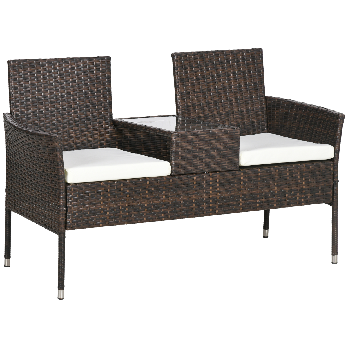 Outsunny 2 Seat Rattan Garden Bench with Middle Table, Tempered Glass Top and Padded Cushions