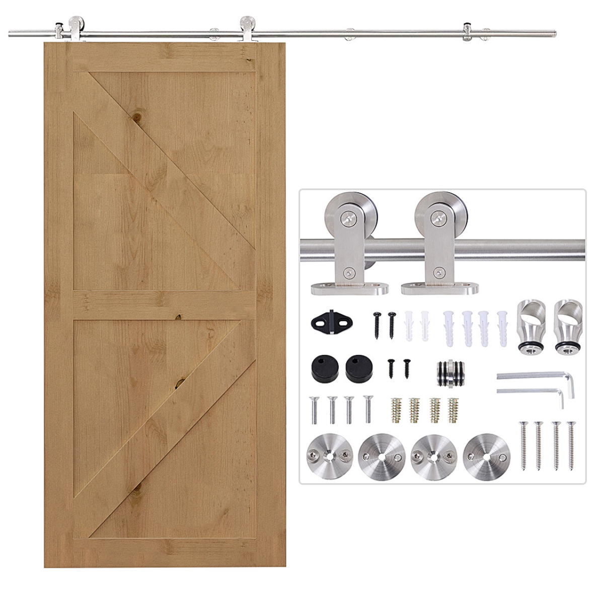 Sliding Door Track Kit for Single Wooden Door, Stainless Steel Rail, 100kg Max Load, Includes Roller, Stopper, Floor Guide and Tools