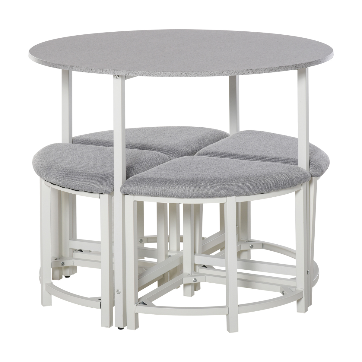 Modern Round Dining Table Set with 4 Upholstered Stools, Steel Frame