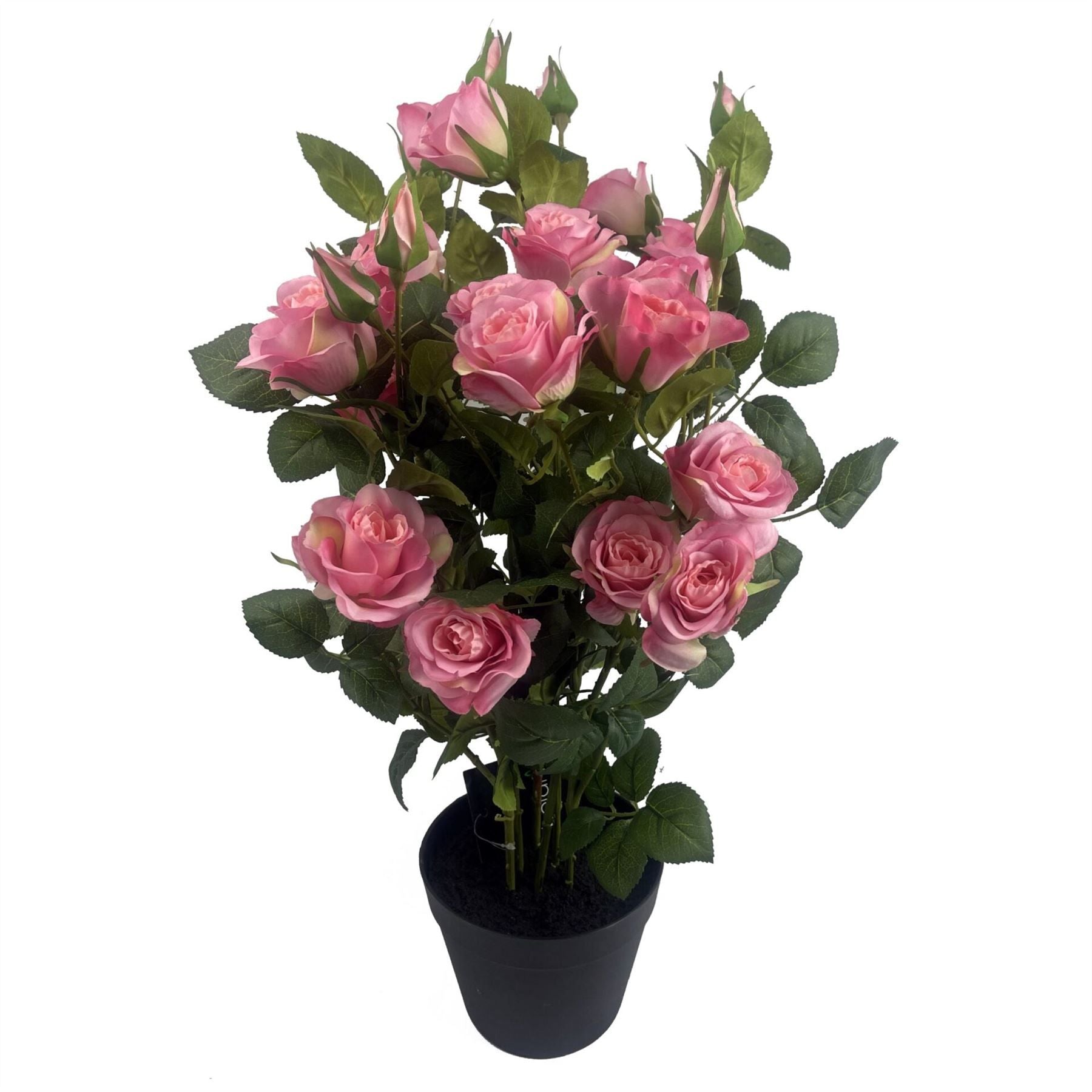 60cm Artificial Pink Silk Rose Bush with Leaves, Potted Ready-to-Display Premium Plant
