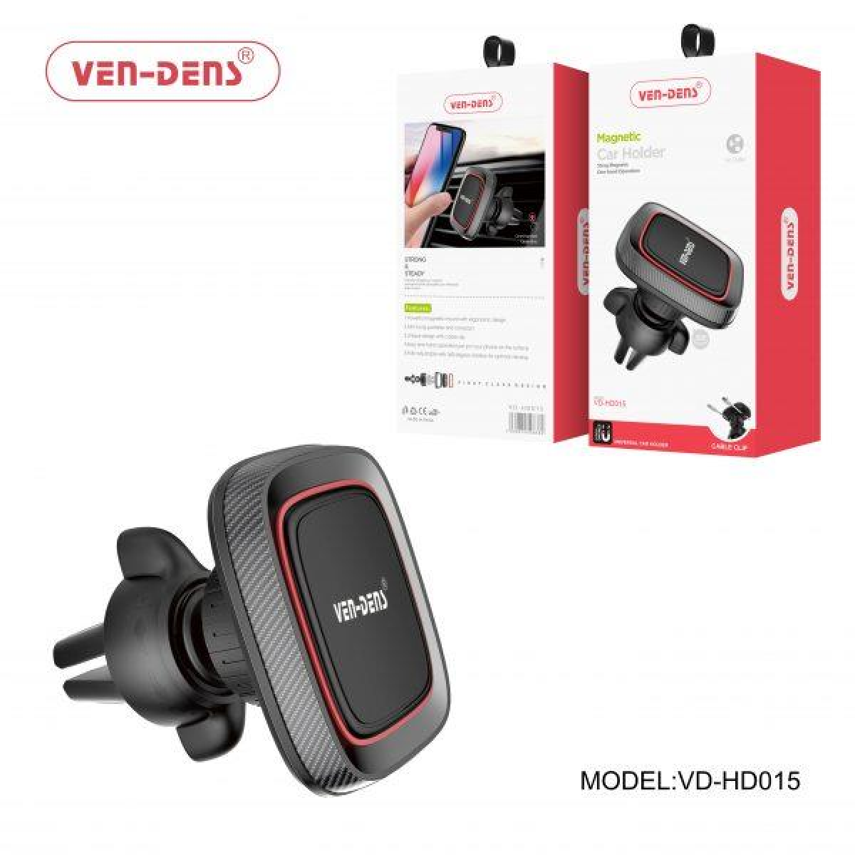 Ven-Dens Magnetic Air Vent Car Phone Holder with 360° Rotation and Cable Clip
