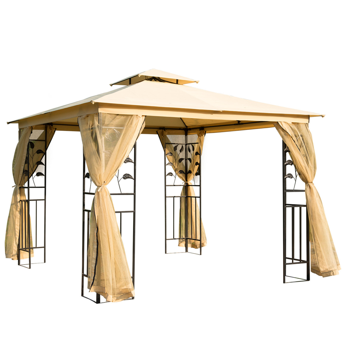 Outsunny 3x3 m Beige Double Top Gazebo with Mesh Sidewalls