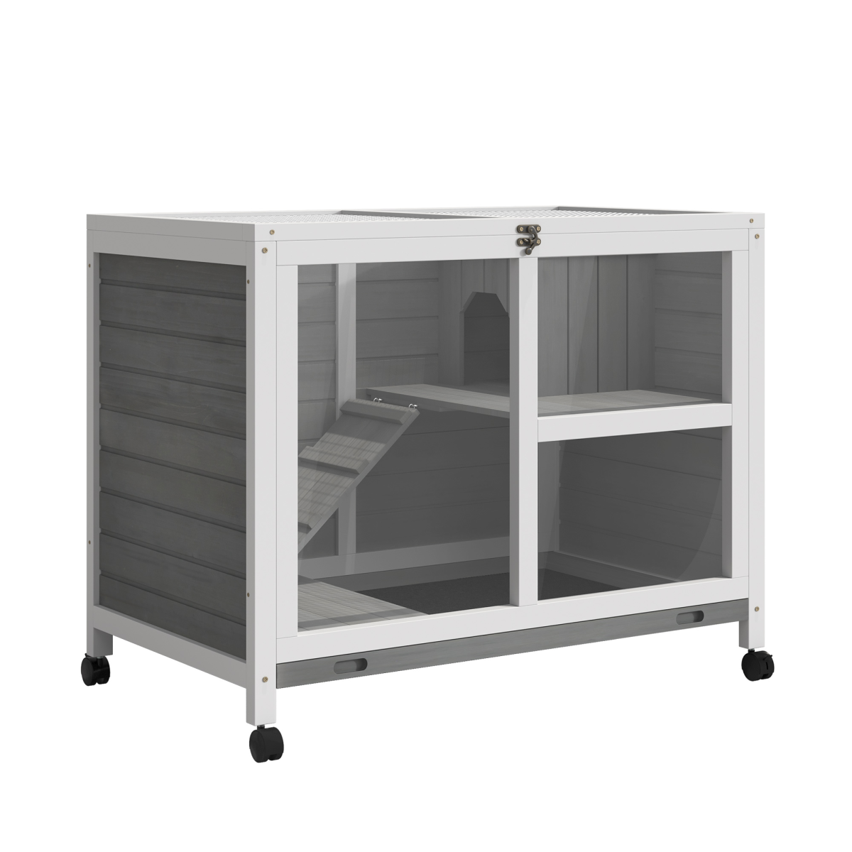 Indoor Wooden Rabbit Hutch, 2-Tier Indoor Bunny Cage with Tray, Ramp and Wheels, Grey