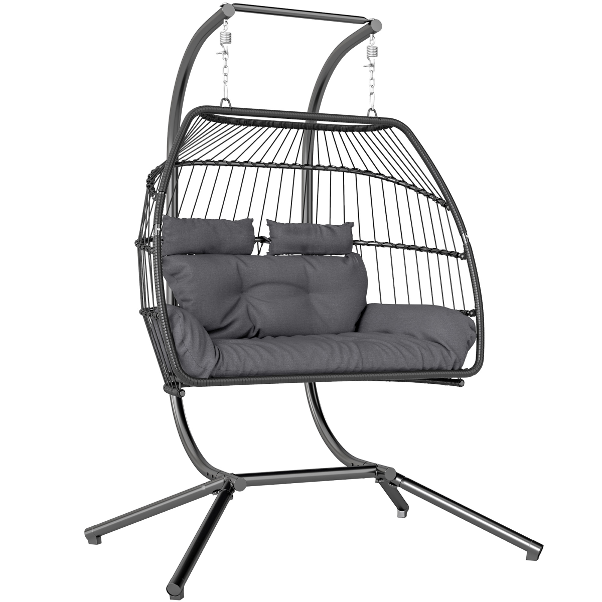 Outsunny Double Rattan Hanging Egg Chair with Stand, Cushion, Dark Grey