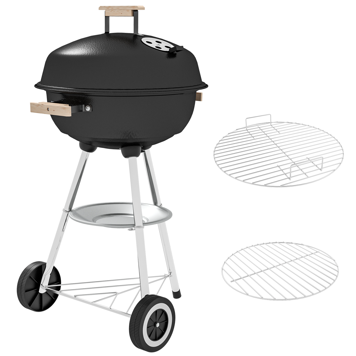 Outsunny Steel BBQ Grill with Porcelain Enamel Lid, One-Touch Cleaning System, Wheels and Bottom Shelf, 85H cm