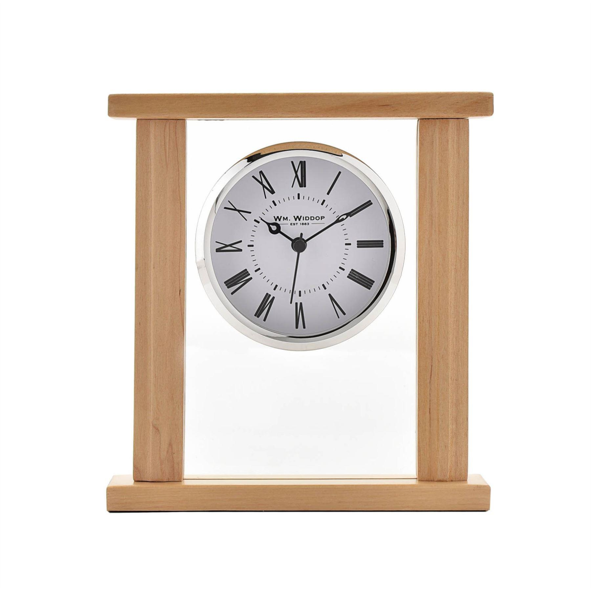 WILLIAM WIDDOP Wooden & Glass Mantel Clock with Roman Numeral Dial