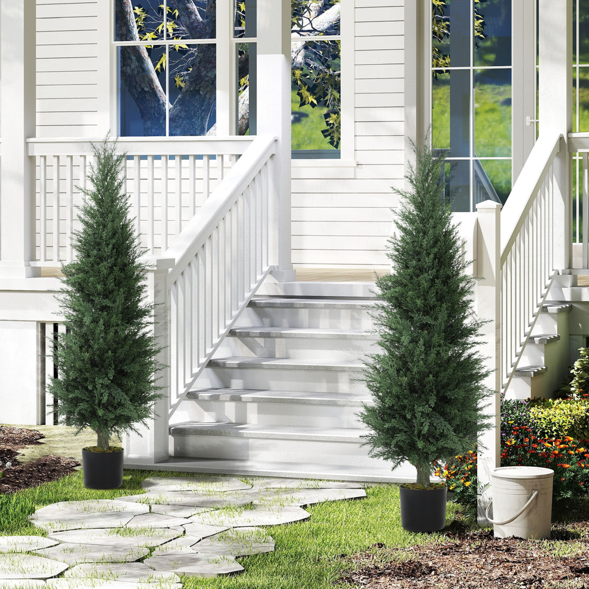 Set of 2 Artificial Cypress Trees, UV-Resistant Potted Green Plants for Home and Office Decor