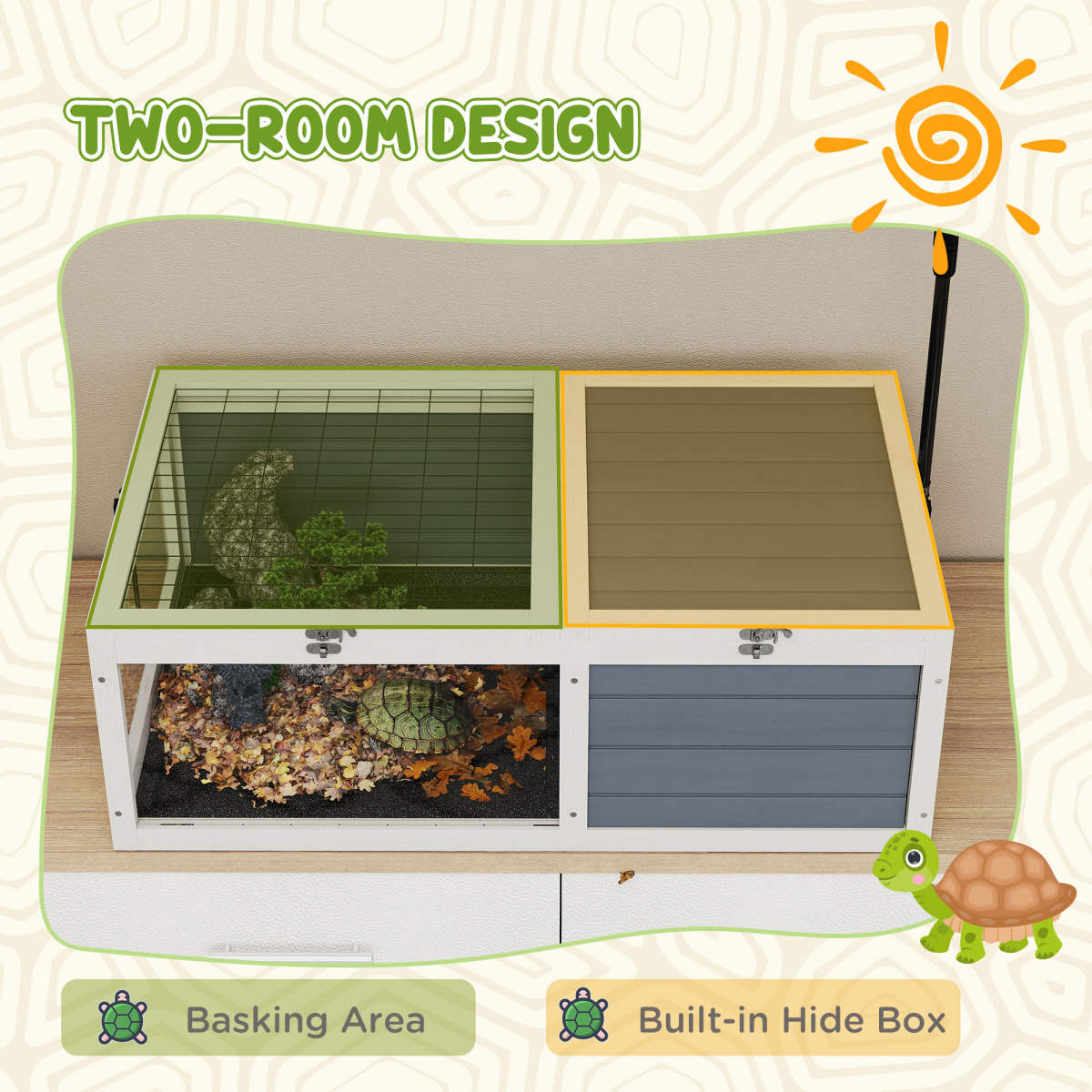 Wooden Tortoise House with Hide Box, Basking Area, Lamp Holder, Mesh Wire and Acrylic Windows