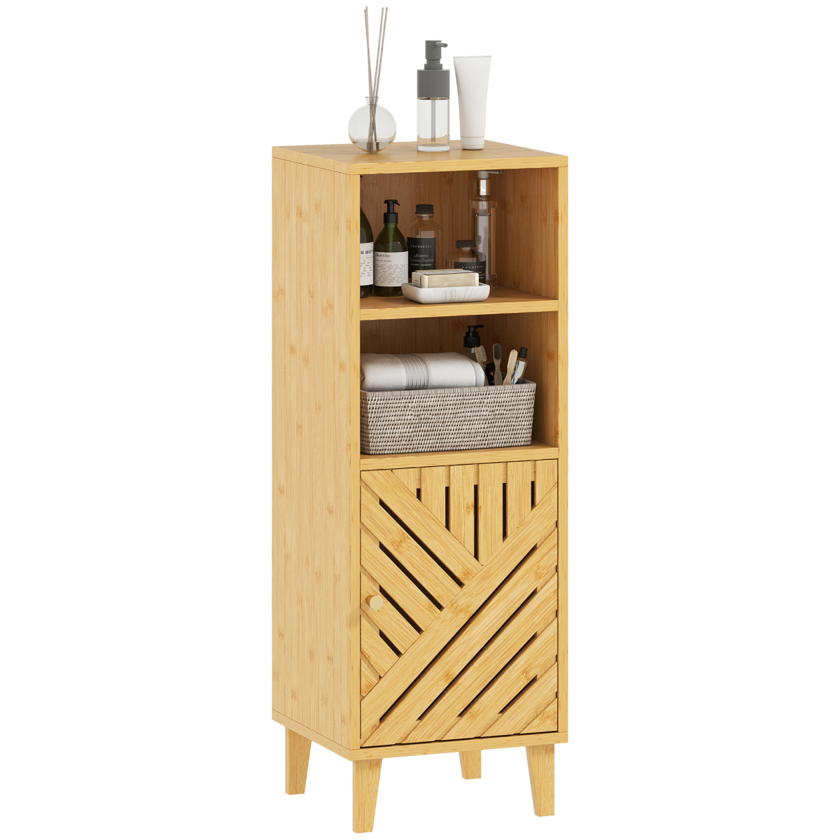 HOMCOM Narrow Bamboo Bathroom Storage Cabinet with Open Compartments