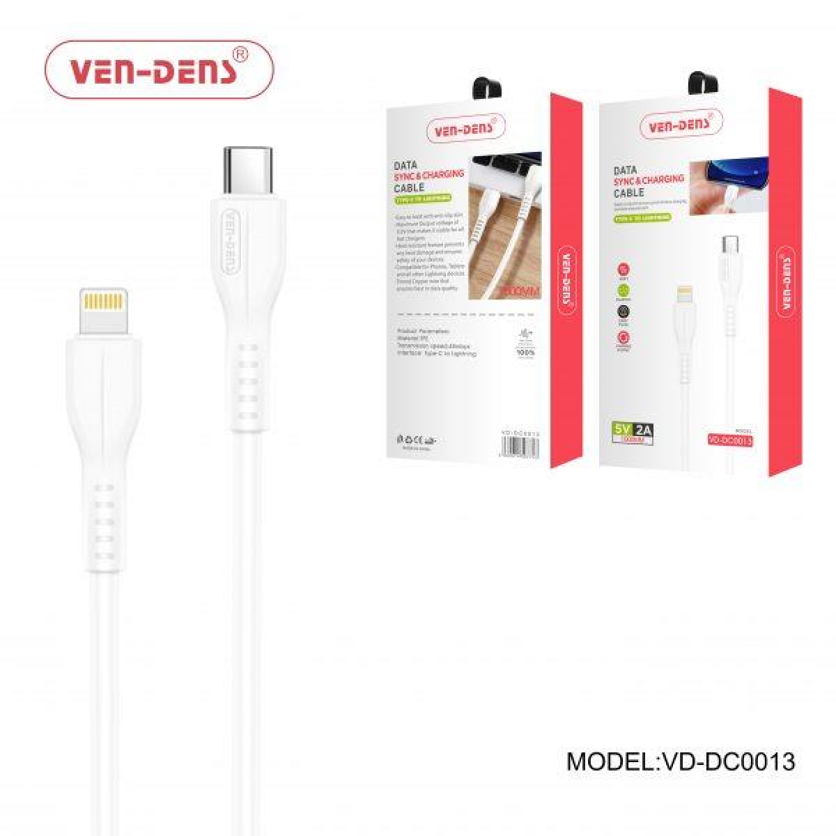 Ven-Dens Type-C to Lightning Charging Cable 2A White 1 Metre