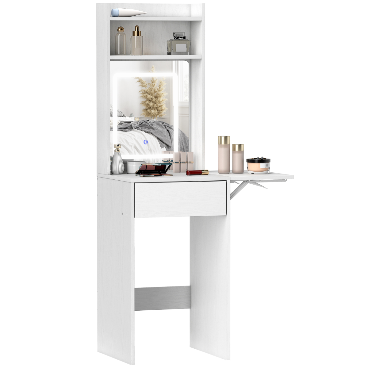 HOMCOM Compact Dressing Table with LED Mirror, Shelves and Drawer, White