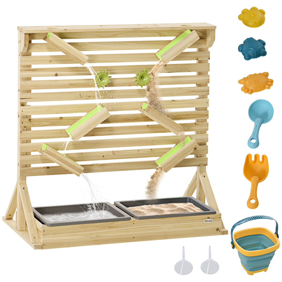 Outsunny Kids Sand and Water Playset with 18 Accessories, Dual Sinks, Water Tracks and Carts, Fir Wood, Ages 3-7
