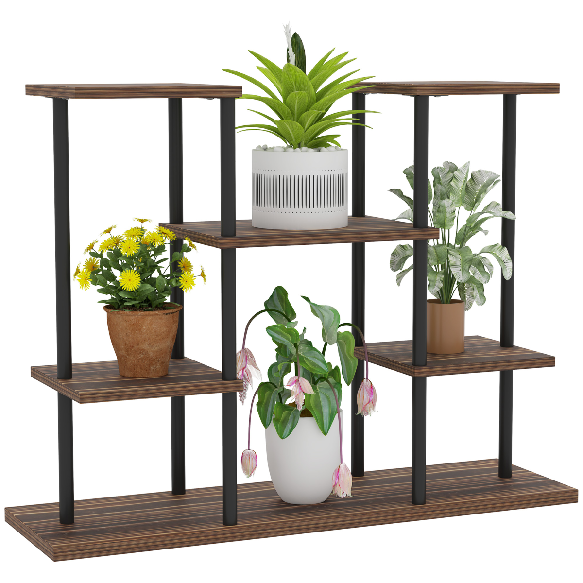 Outsunny 4-Tier Metal and Fir Wood Flower Shelf Display Rack, 6 Shelves, Black Carbonised Finish