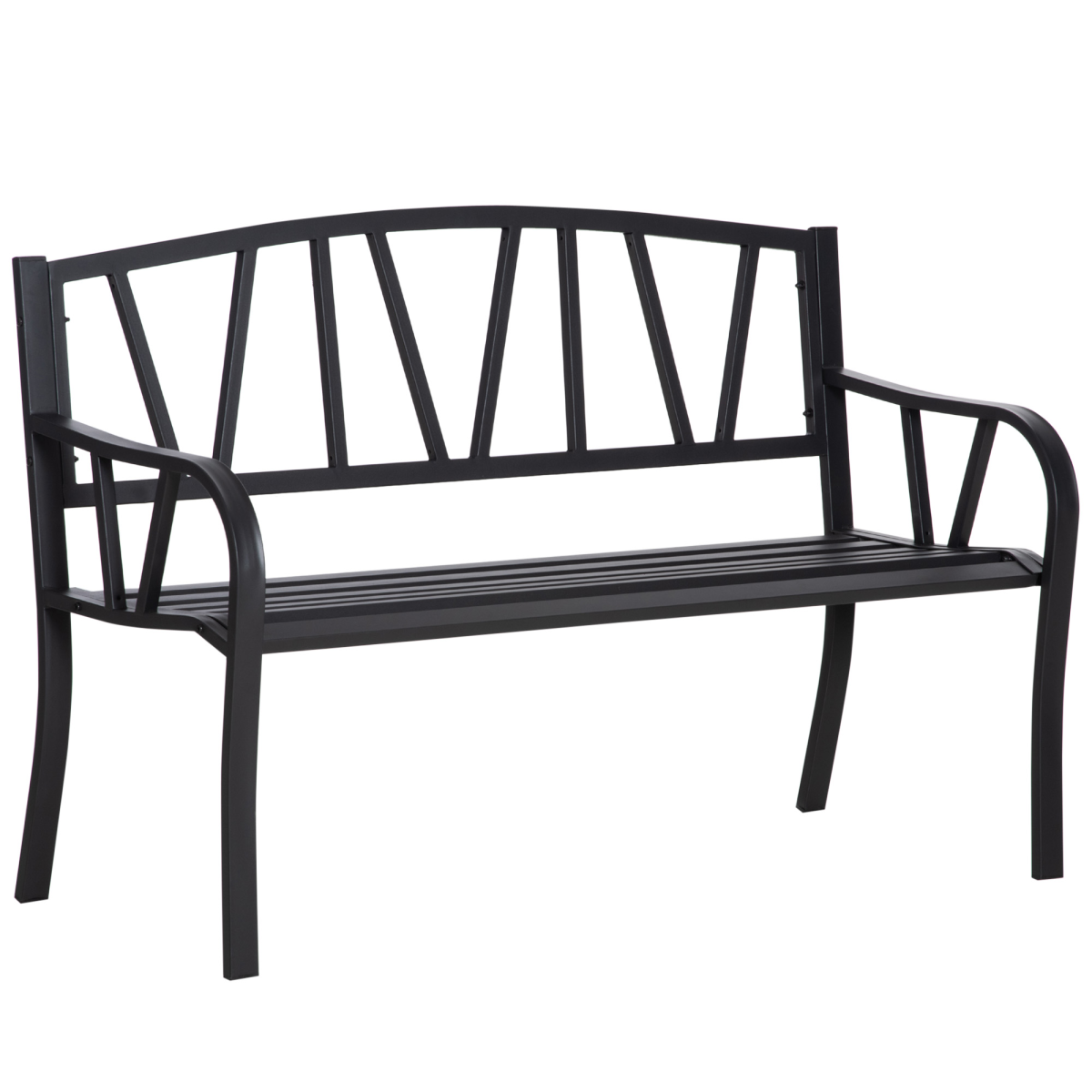 Outsunny 2-Seater Metal Garden Bench Loveseat with Decorative Backrest, Curved Armrests, Slatted Seat, Outdoor Patio Bench