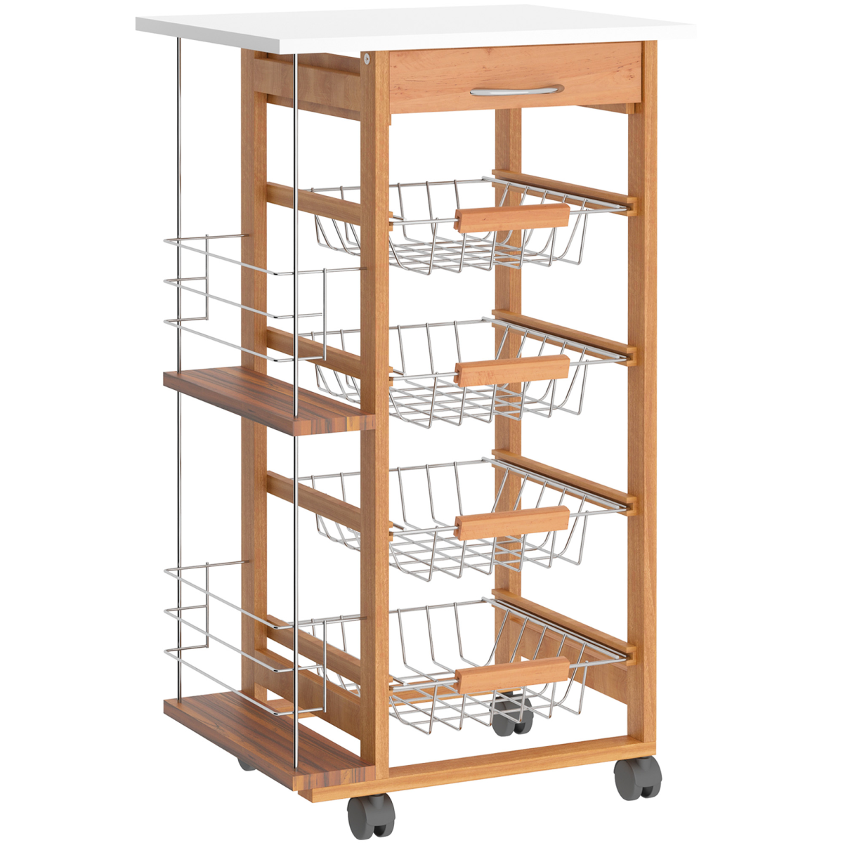 HOMCOM MDF Multifunction Kitchen Island Trolley with Drawer, Side Racks and Metal Baskets