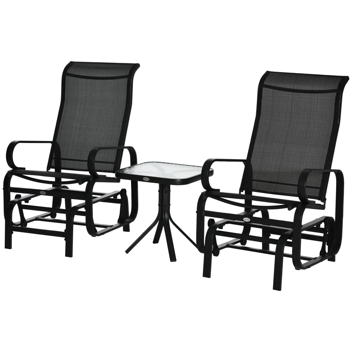Outsunny 3-Piece Gliding Rocking Chair Set with Tea Table, Weather-Resistant Texteline Seat and Back Panels, Tempered Glass Table Top