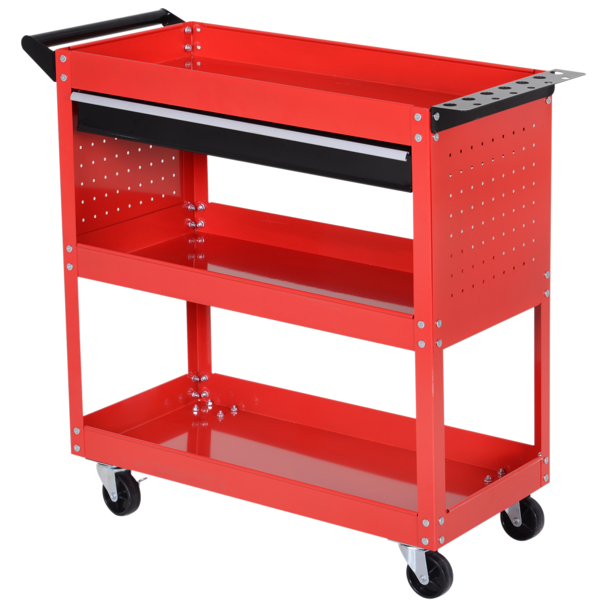 3-Tier Tool Trolley Cart with Sliding Drawer, Lockable Casters, Tool Hanging Rack, Steel Storage Cabinet
