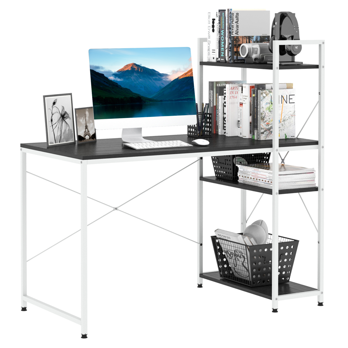 HOMCOM Computer Workstation Desk with 4-Tier Bookshelf, Metal Frame, White/Black Colour