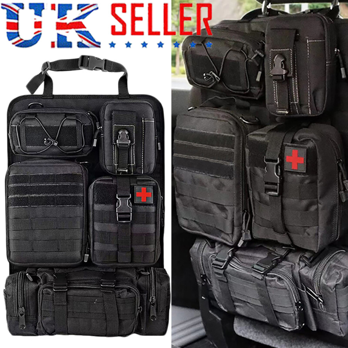 Tactical Car Seat Back Organizer, Nylon Vehicle Storage Bag with 5 Pockets, Adjustable Straps, Fits Most Cars, SUVs, Trucks, Vans, Jeeps, Black