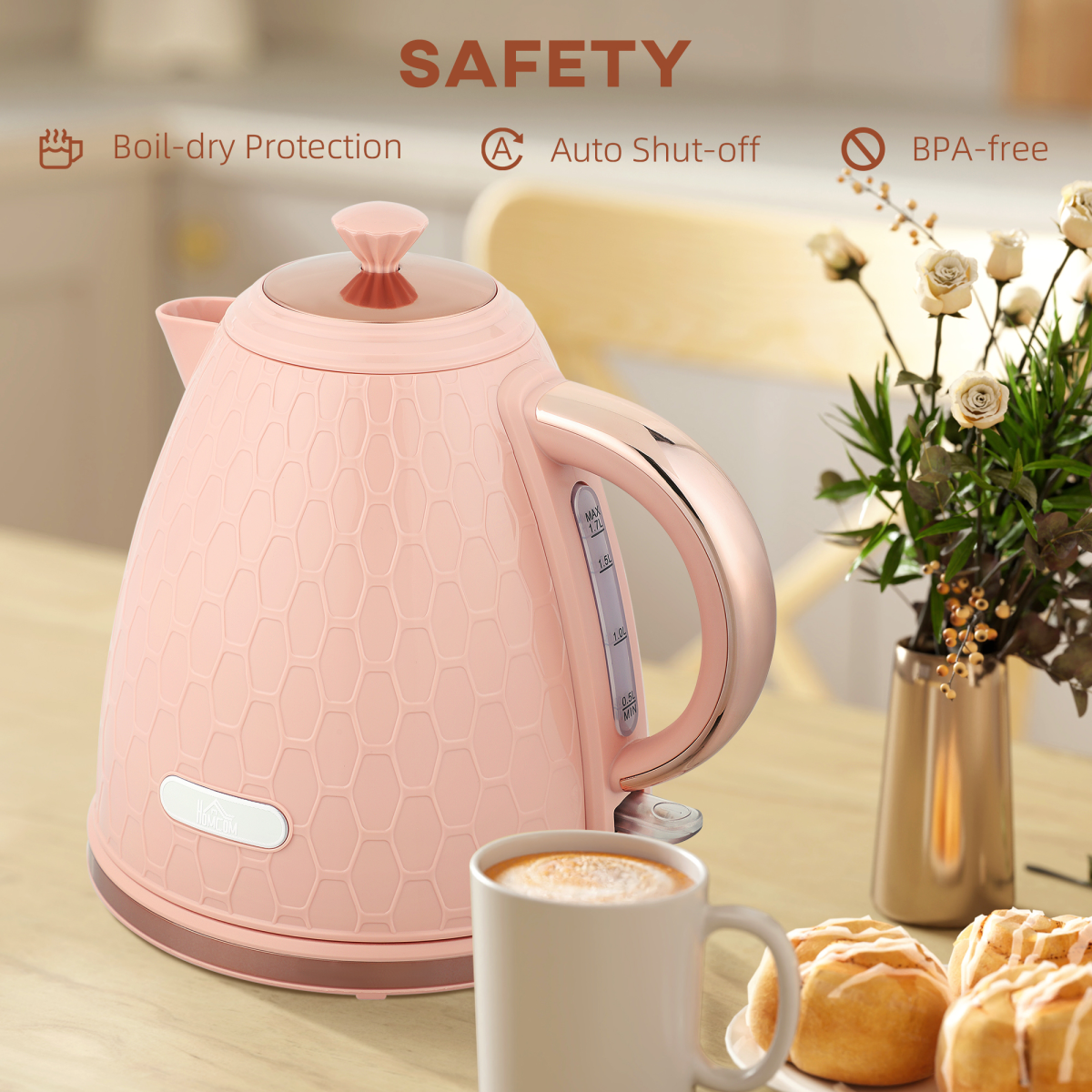 3000W Electric Kettle 1.7L with Auto Shut-Off, Boil-Dry Protection and Transparent Water Window