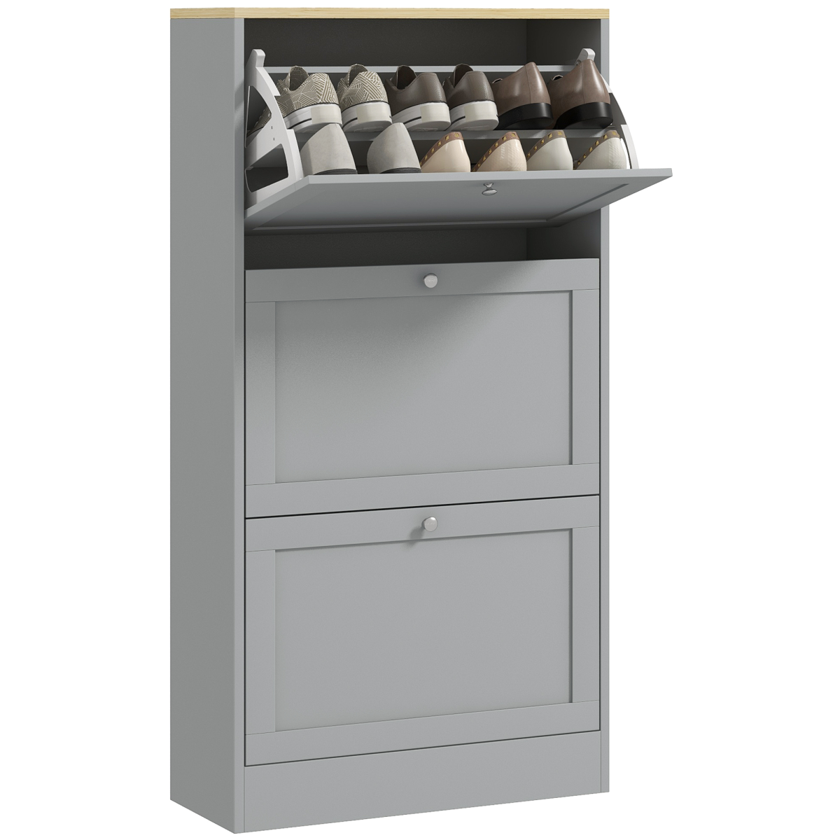 HOMCOM Slim Shoe Cabinet with 3 Flip Drawers, 18 Pairs, Grey