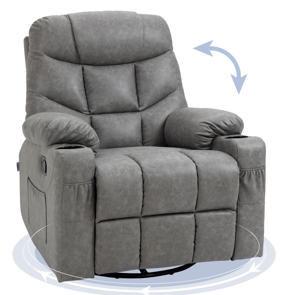 HOMCOM PU Leather Manual Recliner Chair with 360 Degree Swivel, Cup Holders and Side Pockets
