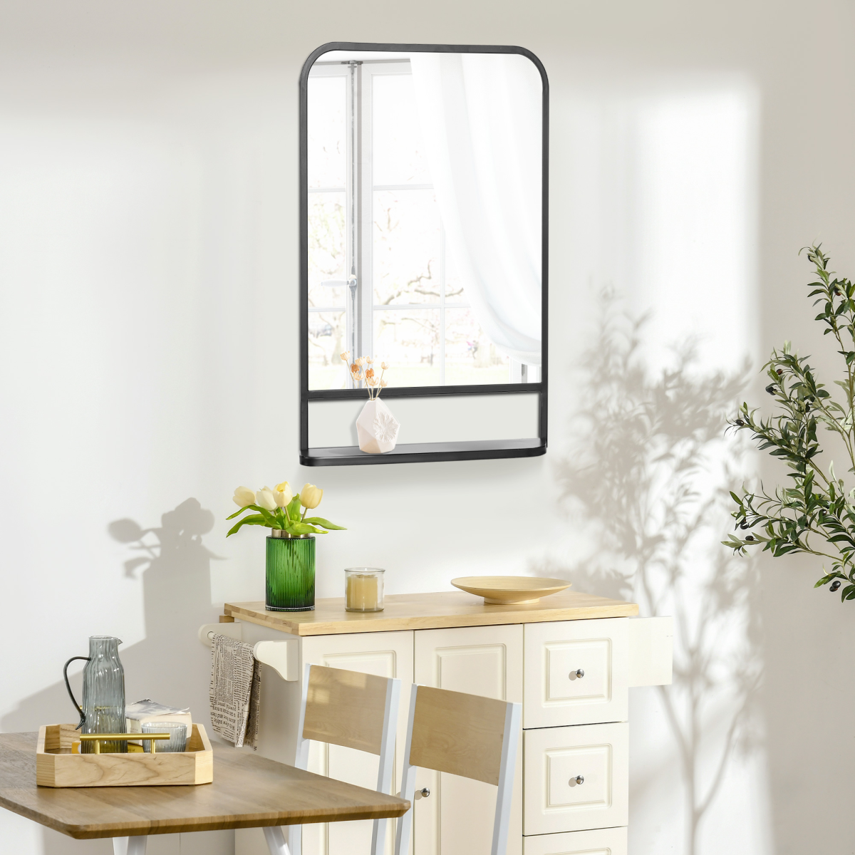 Black Wall Mounted Bathroom Cabinet with Mirror, Metal and Glass, Storage Shelf, 34" x 21" x 4