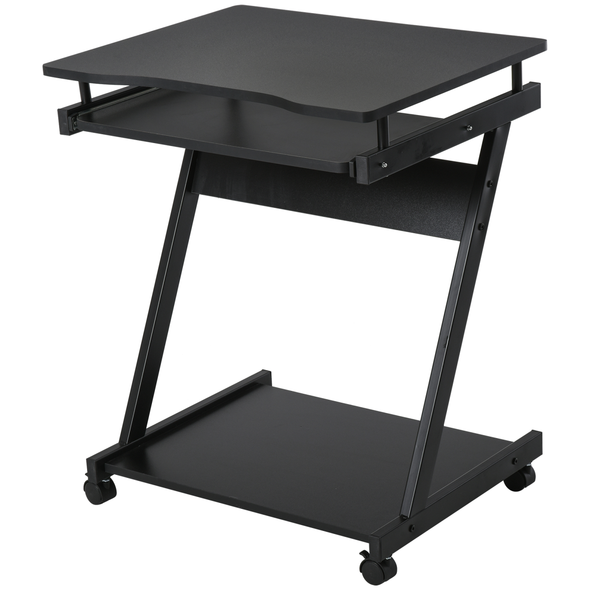 Compact Black PC Desk with Slide-Out Keyboard Tray, Bottom Shelf and Wheels