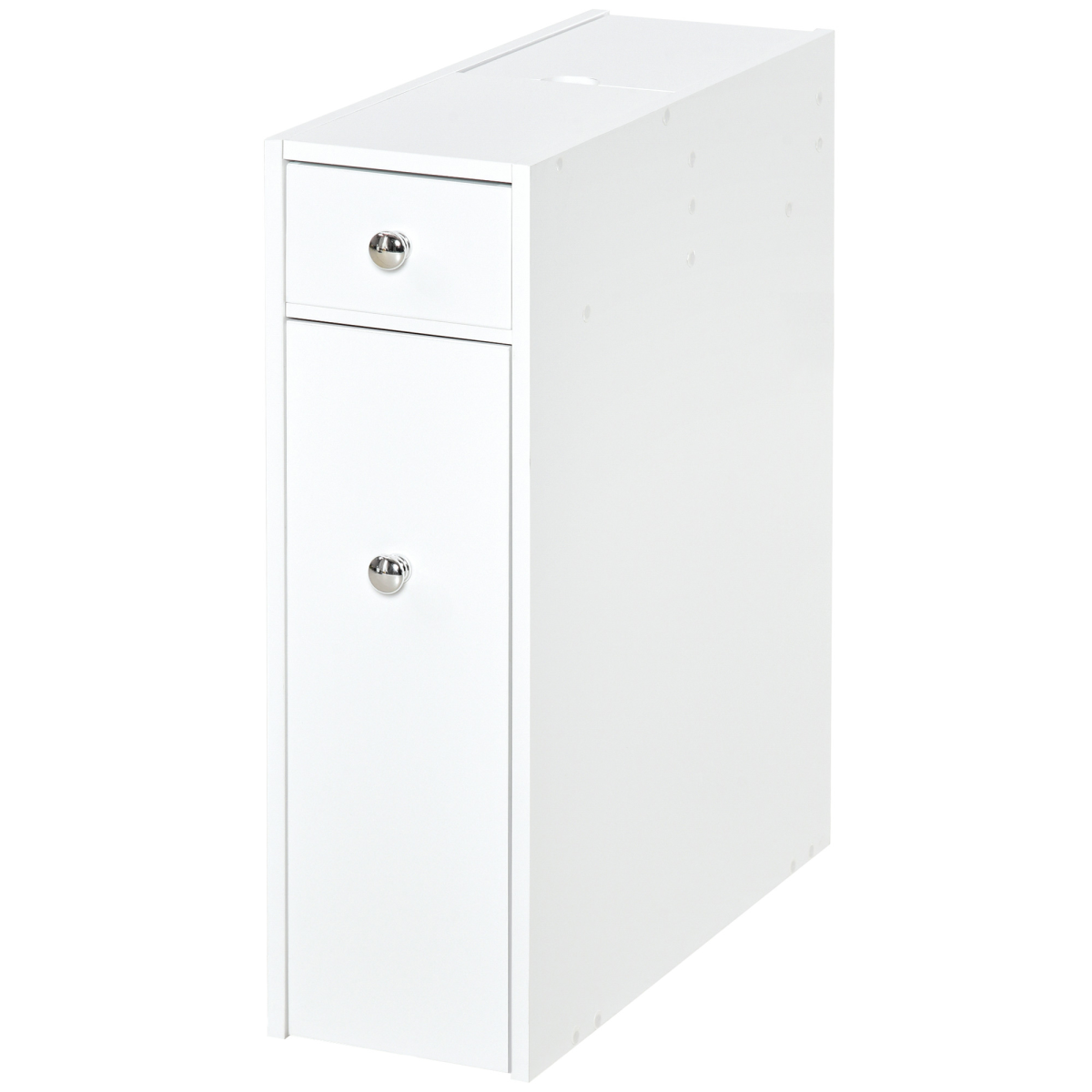 Slim White Bathroom Floor Cabinet with Large Drawer, Slide-Out Drawer and Top Tray, 58 x 17 x 48 cm