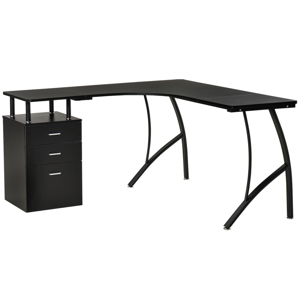 L-Shaped Corner PC Desk with Three Drawers, Black
