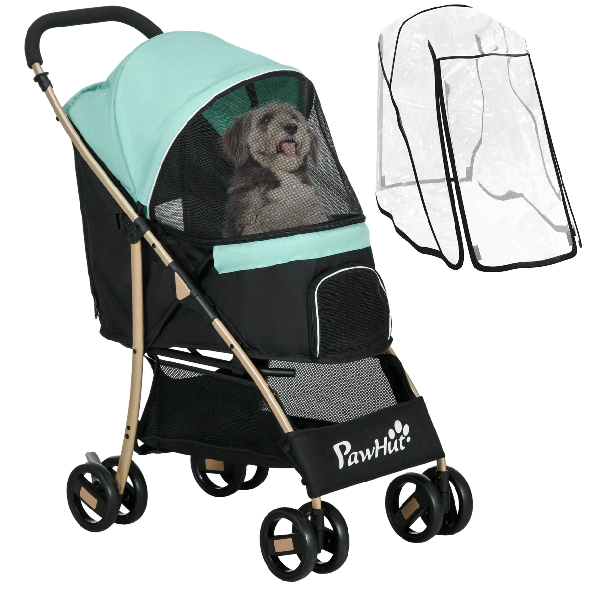 PawHut Foldable Pet Stroller for XS and S Dogs with Rain Cover - Green