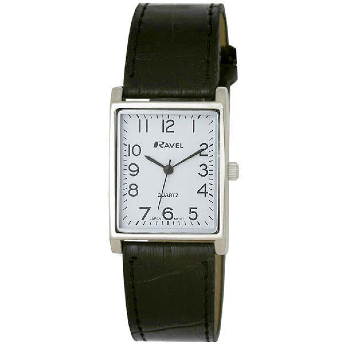 Ravel Men's Classic Rectangular Silver Dial Black Faux Leather Strap Watch