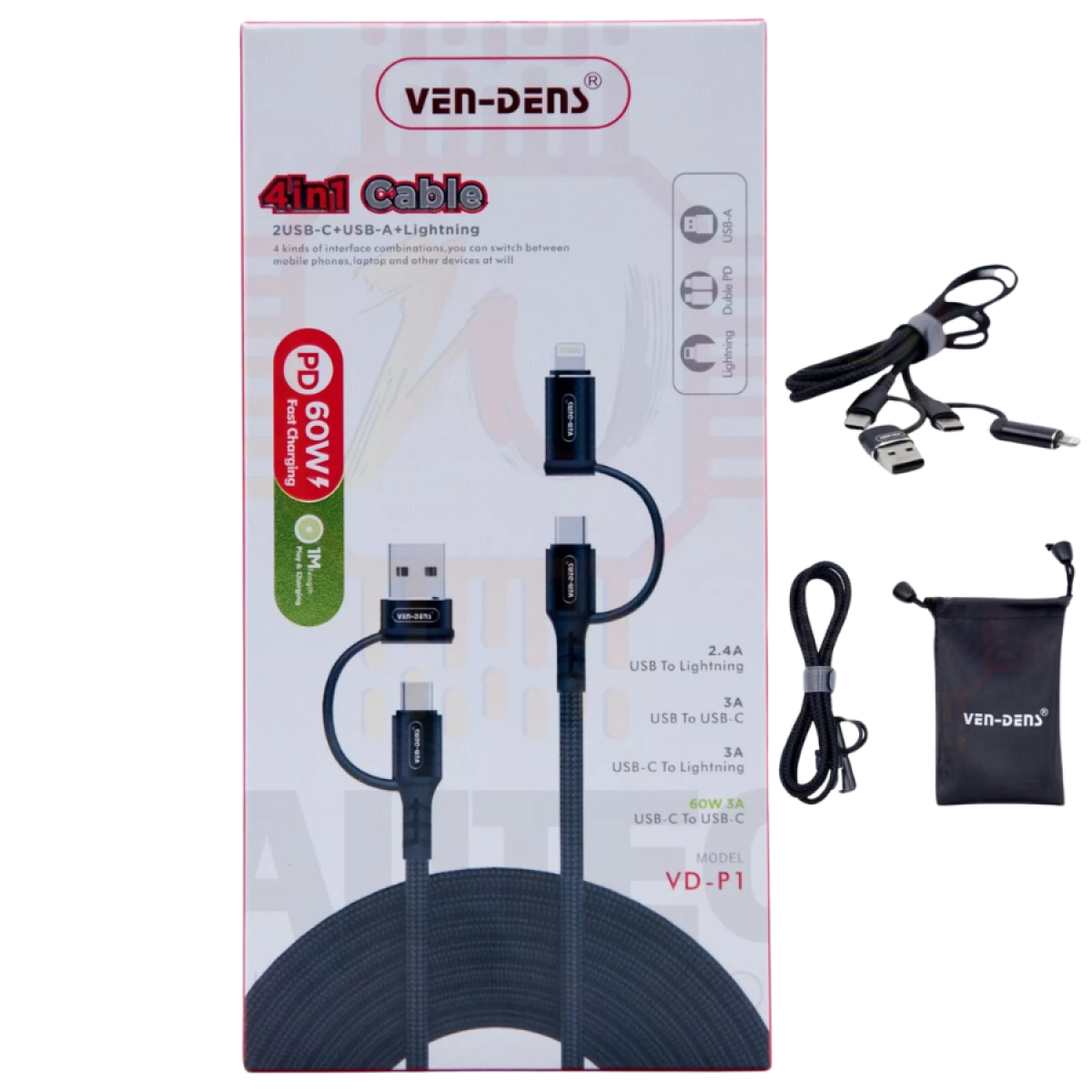 Ven Dens 4-in-1 PD60W Fast Charge Quad Cable, 2 USB-C, USB-A, Lightning, 1m
