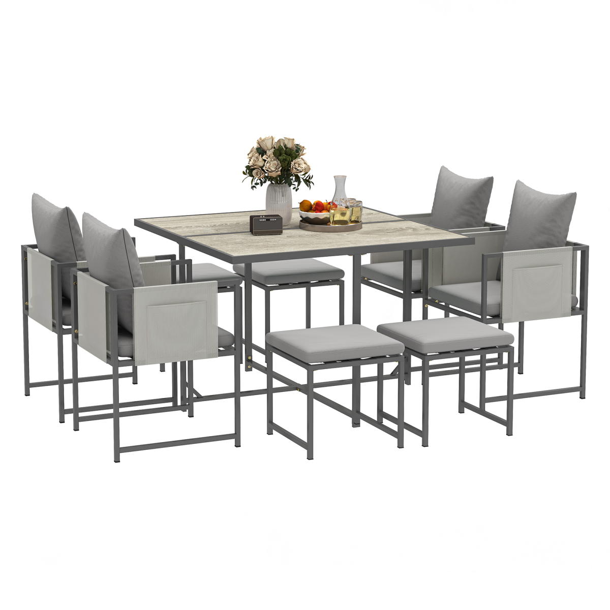 Outsunny 8 Seater Cube Garden Dining Set, 9 Piece with Square Table, 4 Armchairs, 4 Footstools and Cushions