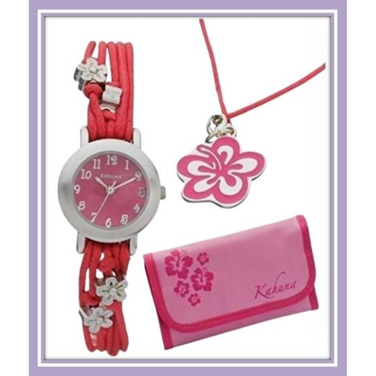Kahuna Girls Wallet Gift Set Watch, Stainless Steel, Quartz, Pink Dial, Red Strap