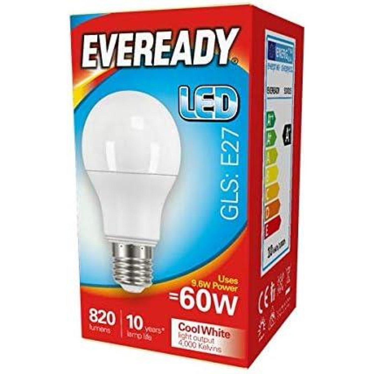 Eveready LED GLS Light Bulbs Pack of 5, 9.6W Equivalent to 60W, ES E27 Screw In Cap, Cool White 400K