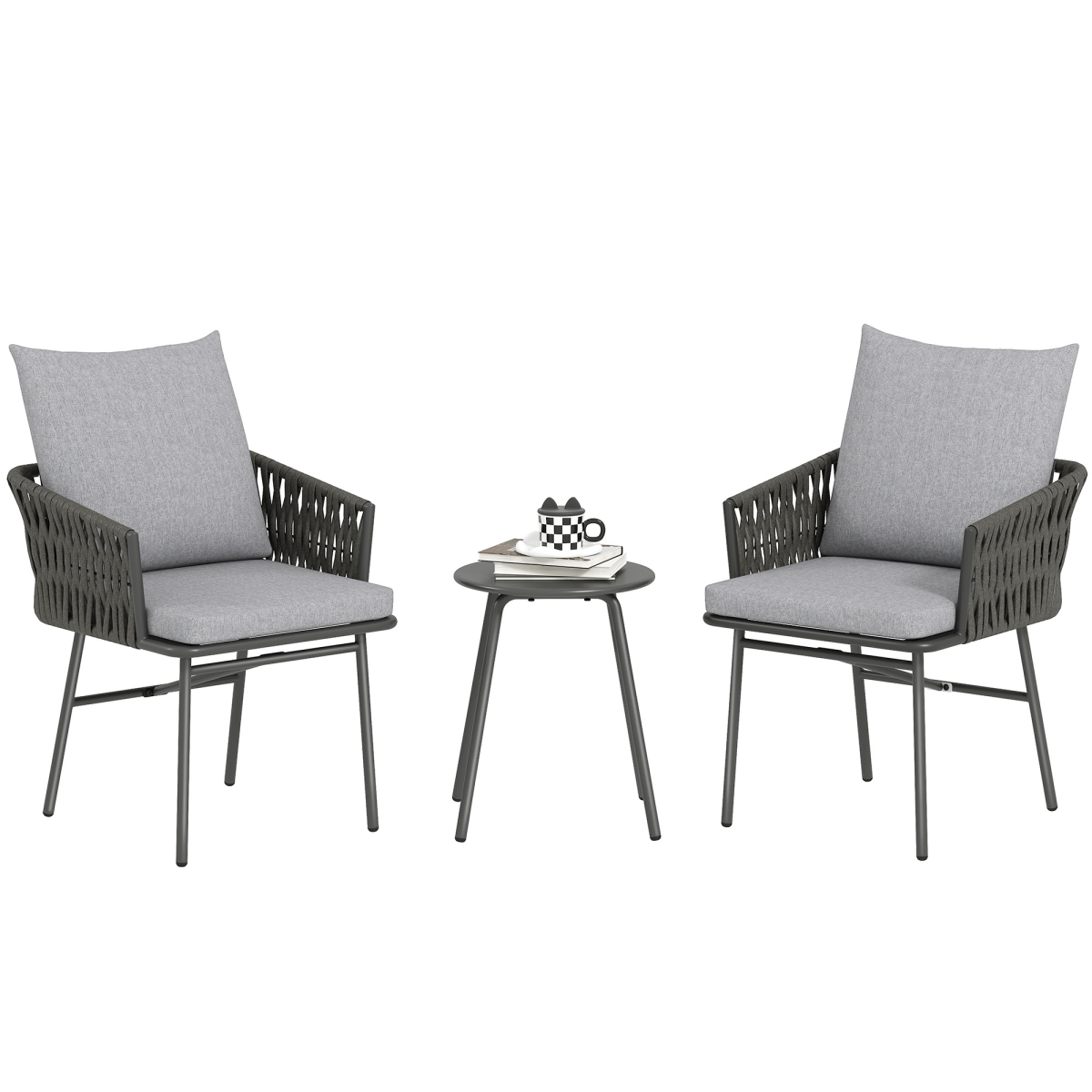 Outsunny Grey Rattan Bistro Set with Table and 4 Cushions