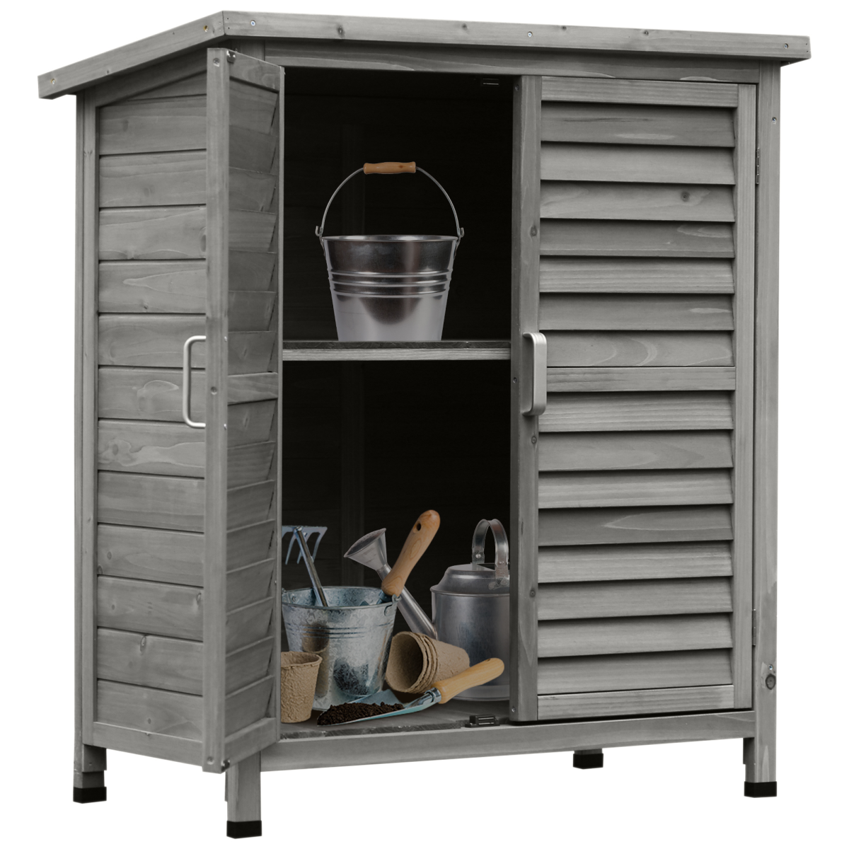 Outsunny Wooden Garden Storage Shed with 2 Slatted Doors, Solid Fir Wood, Grey, 87 x 46.5 x 96.5 cm