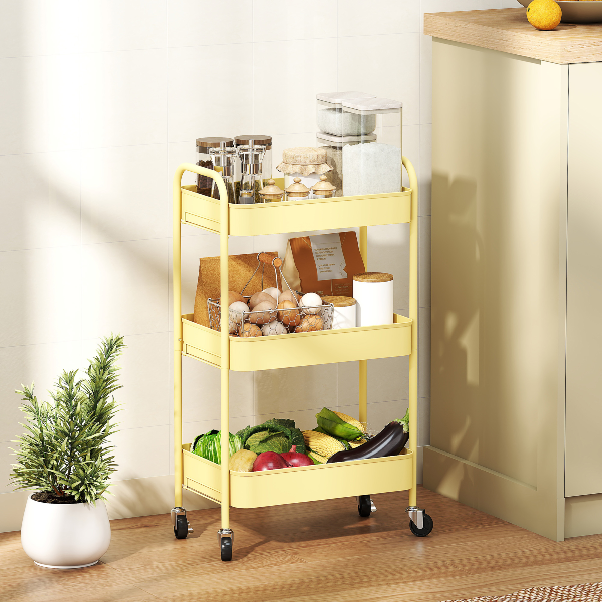 Yellow Steel 3-Tier Storage Trolley with Wheels and Brakes