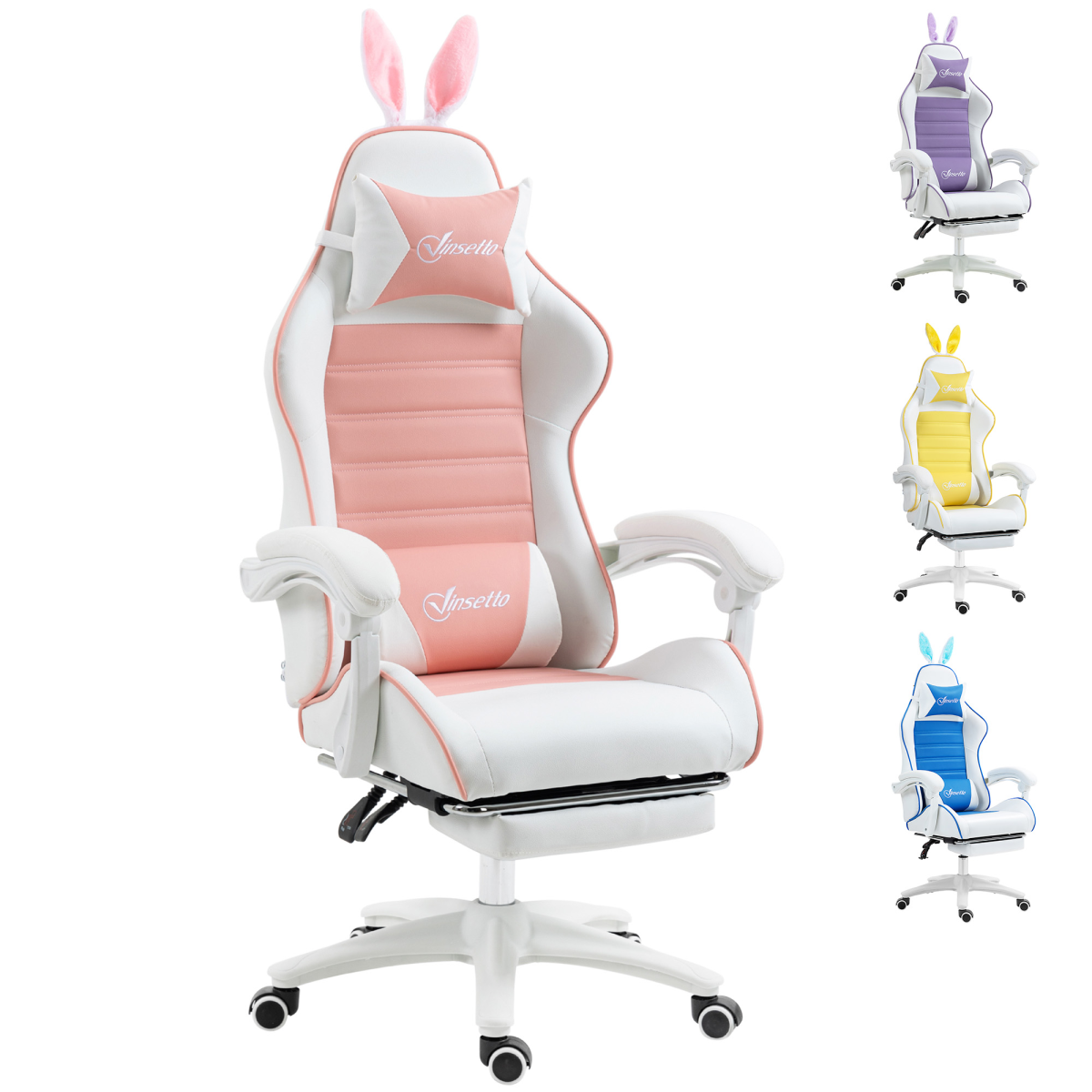 Vinsetto Pink Racing Style Gaming Chair with Footrest and Bunny Ears